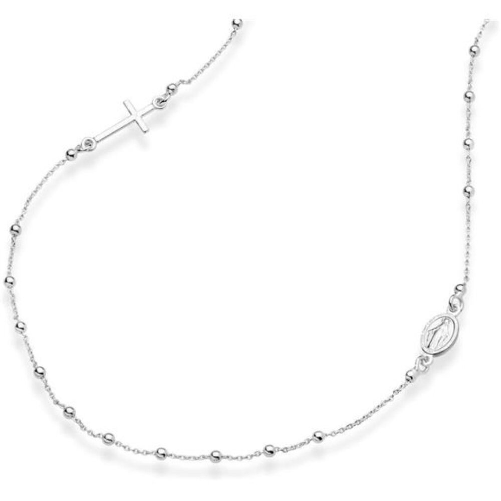 925 Sterling Silver Italian Rosary Beaded Sideways Cross Dainty Chain Necklace
